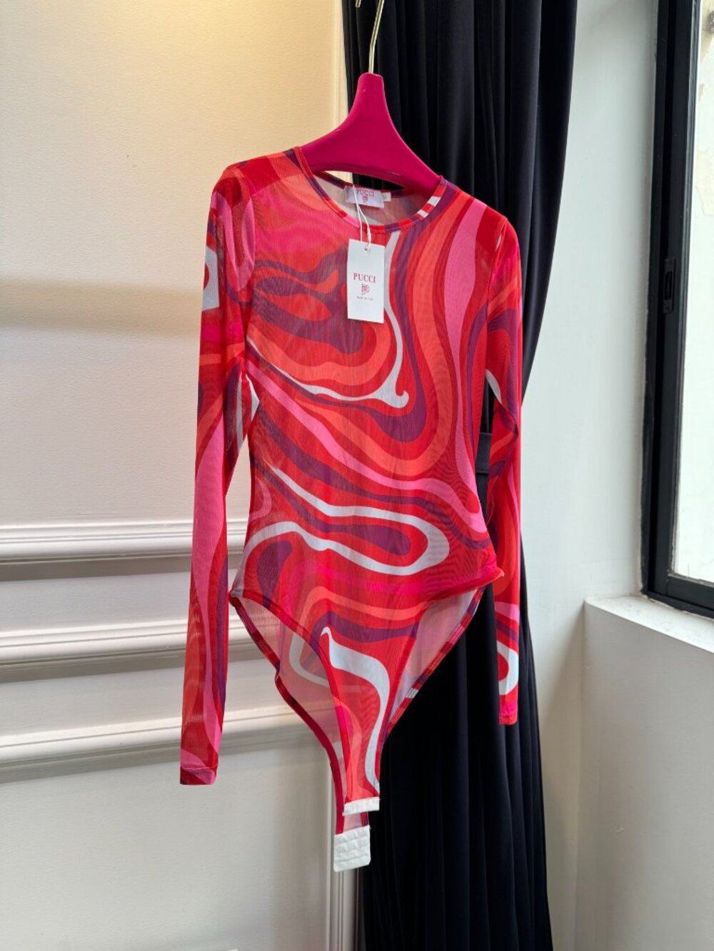 💖Pucci Pink Red Swirl Print Mesh Long Sleeve Bodysuit Sheer Slim Fit Designer T - Picture 4 of 7